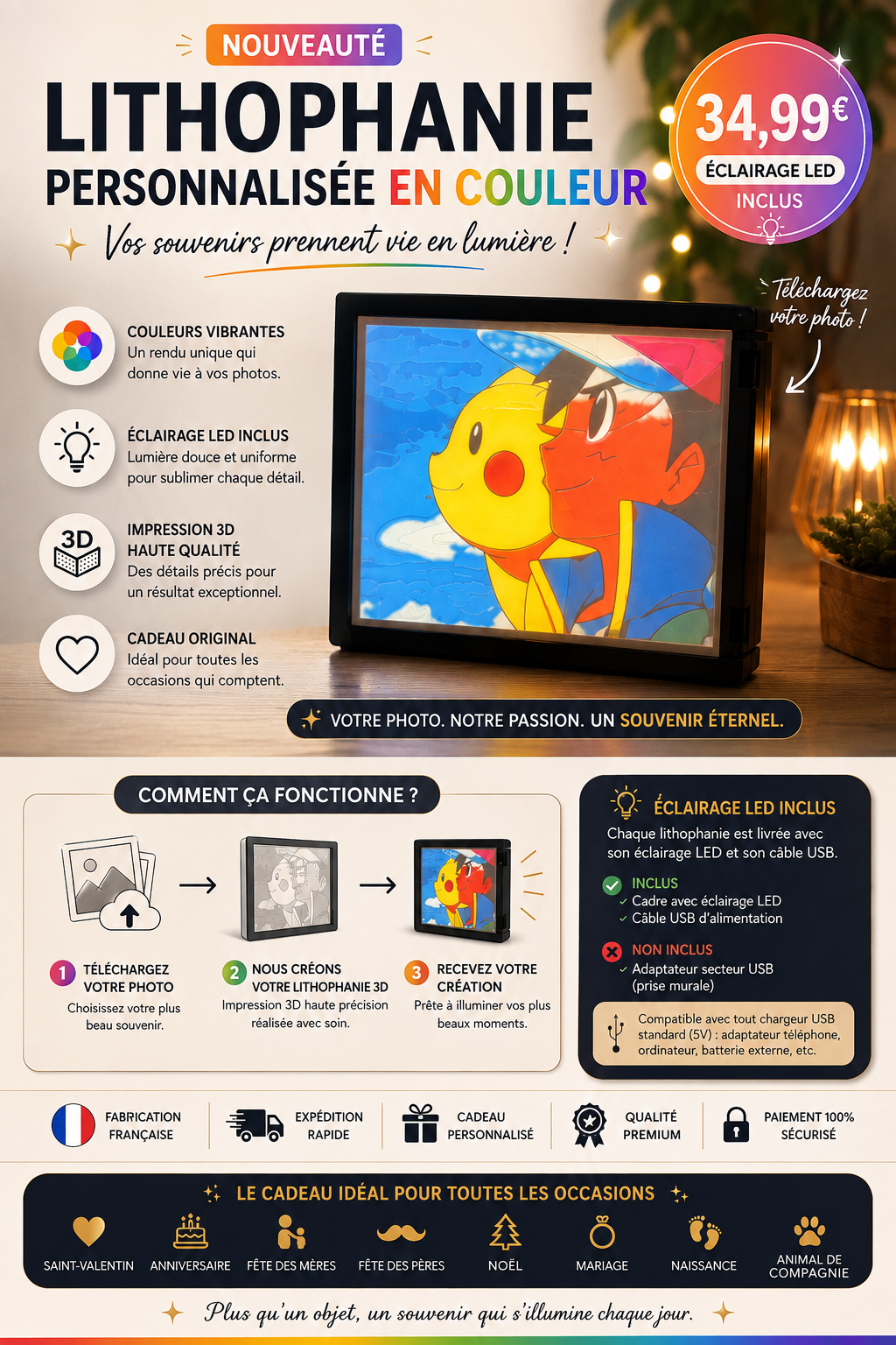Lithophanie Personnalisée LED – Votre Photo en Lampe 3D - Couleur