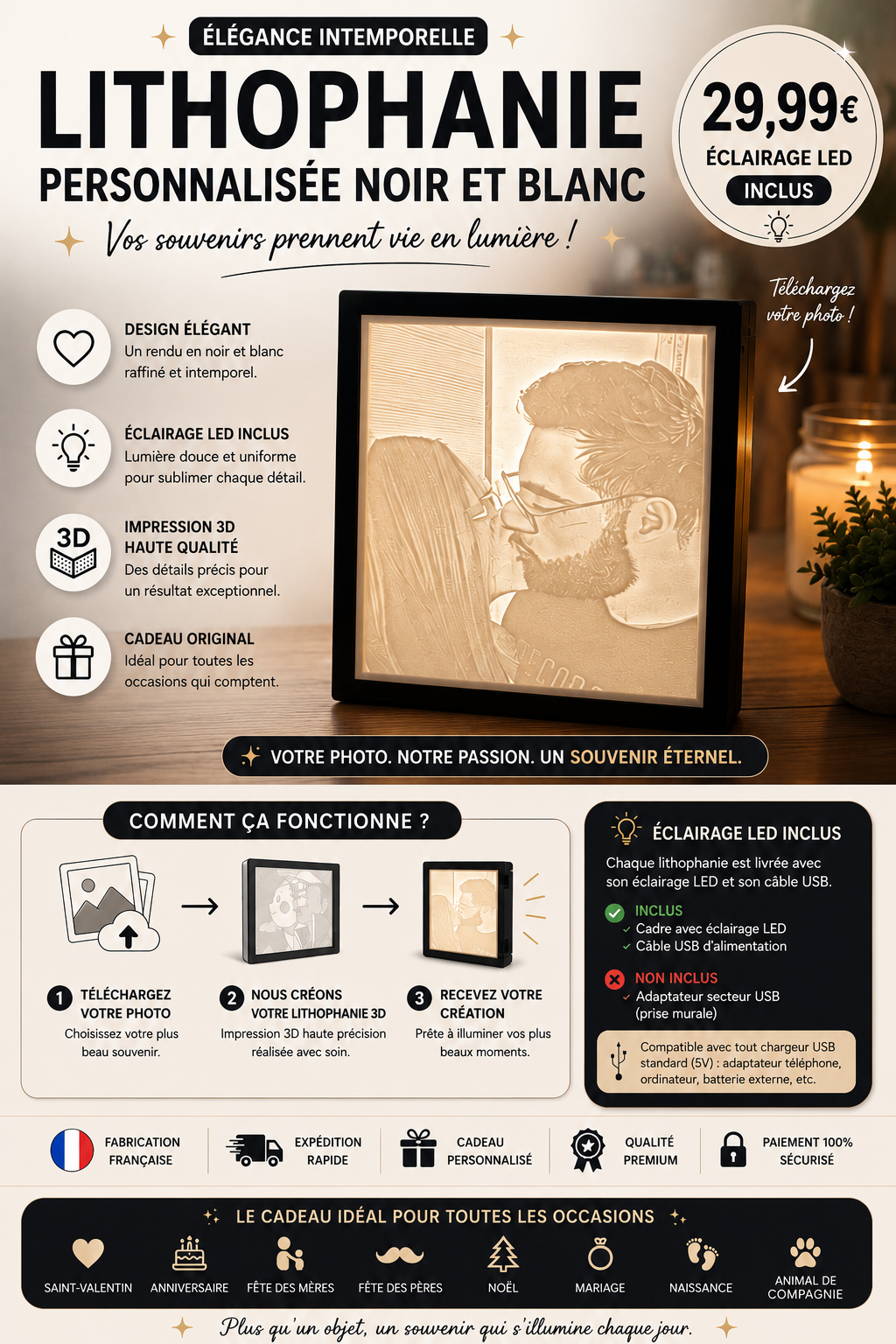 Lithophanie Personnalisée LED – Votre Photo en Lampe 3D - noir et blanc